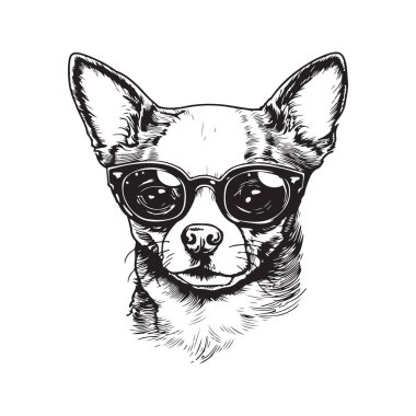 Yaz chihuahua 'sı, klasik logo konsepti siyah beyaz, el çizimi illüstrasyon