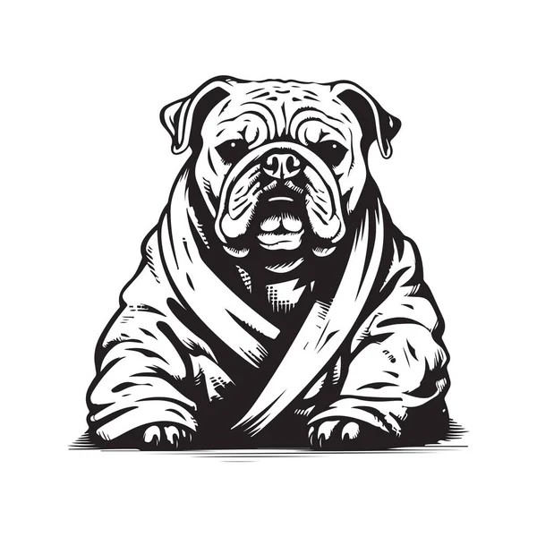 Бульдог Халате Винтажный Логотип Концепция Черный Белый Цвет Ручной Рисунок — стоковый вектор