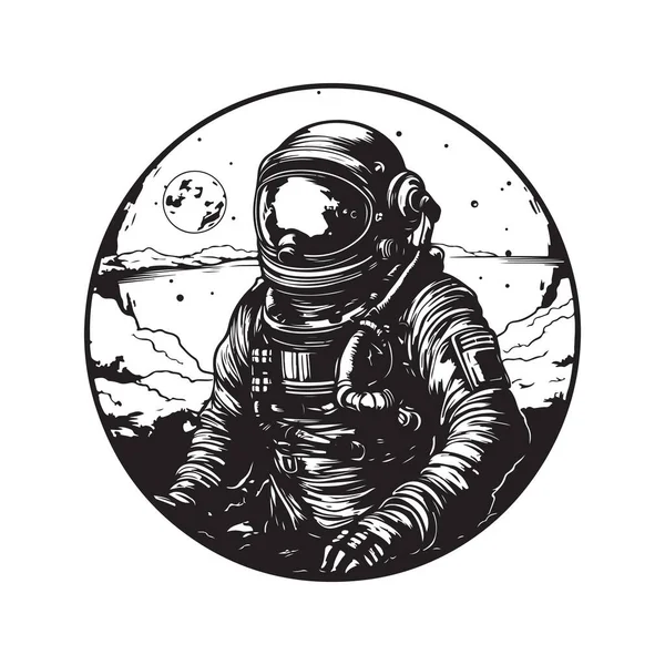 黙示録的な宇宙飛行士ヴィンテージロゴのコンセプト黒と白手描きイラスト — ストックベクタ