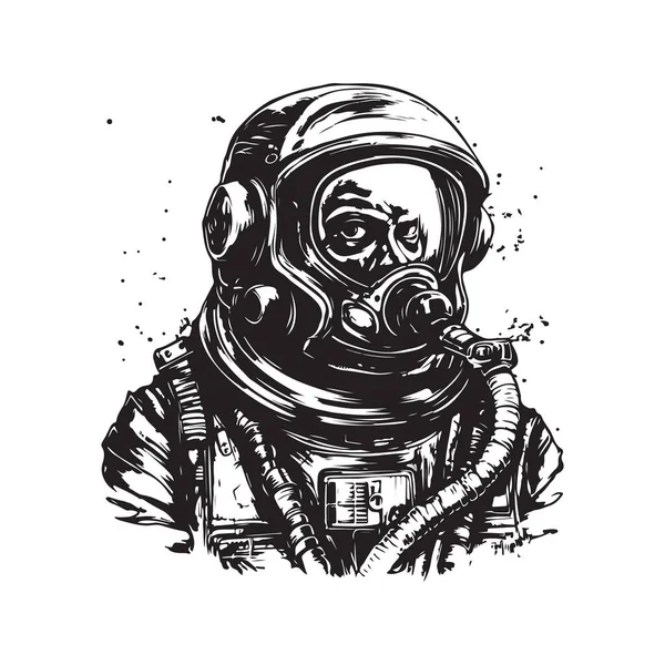 Apokalyptischer Astronaut Vintage Logo Konzept Schwarz Weiß Handgezeichnete Illustration — Stockvektor