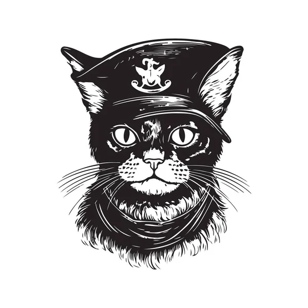 Katze Piratenkleidung Vintage Logo Konzept Schwarz Weiß Handgezeichnete Illustration — Stockvektor