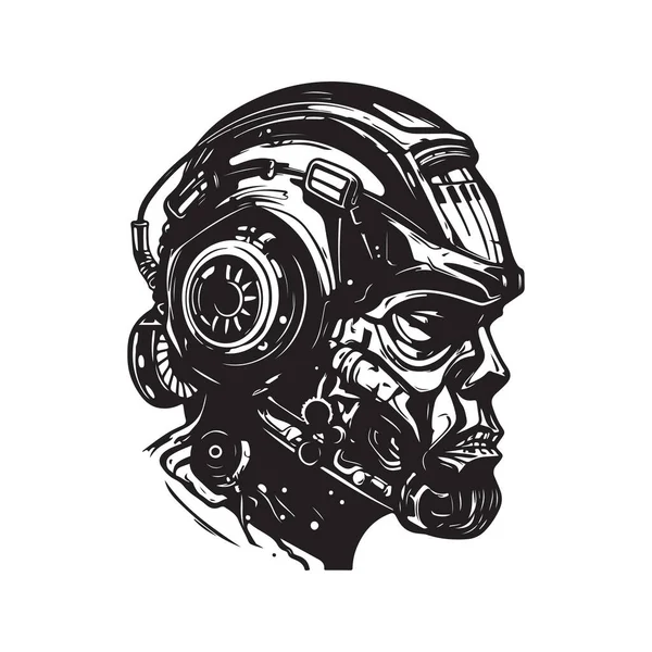 Cyborg Vintage Logo Konzept Schwarz Weiß Handgezeichnete Illustration — Stockvektor