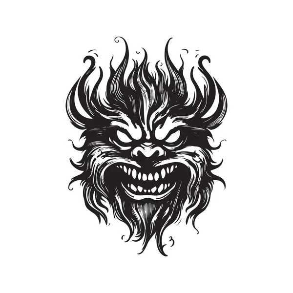 Огненный Монстр Винтажный Логотип Концепции Черно Белый Цвет Ручной Рисунок — стоковый вектор