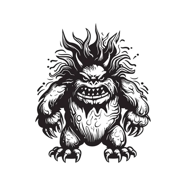 Огненный Монстр Винтажный Логотип Концепции Черно Белый Цвет Ручной Рисунок — стоковый вектор