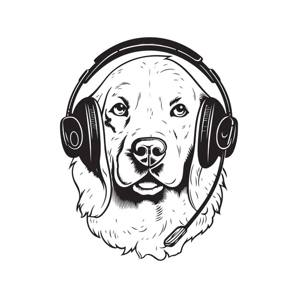 Golden Retriever Kulaklık Takıyor Klasik Logo Konsepti Siyah Beyaz Çizimi — Stok Vektör