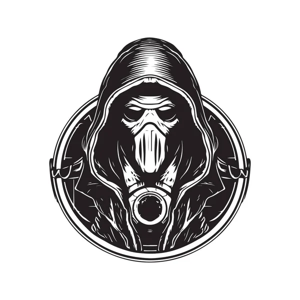 Kapuzen Scifi Vintage Logo Konzept Schwarz Weiß Handgezeichnete Illustration — Stockvektor