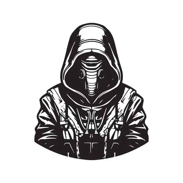Капюшоном Scifi Винтажный Логотип Концепция Черно Белый Цвет Ручной Рисунок — стоковый вектор