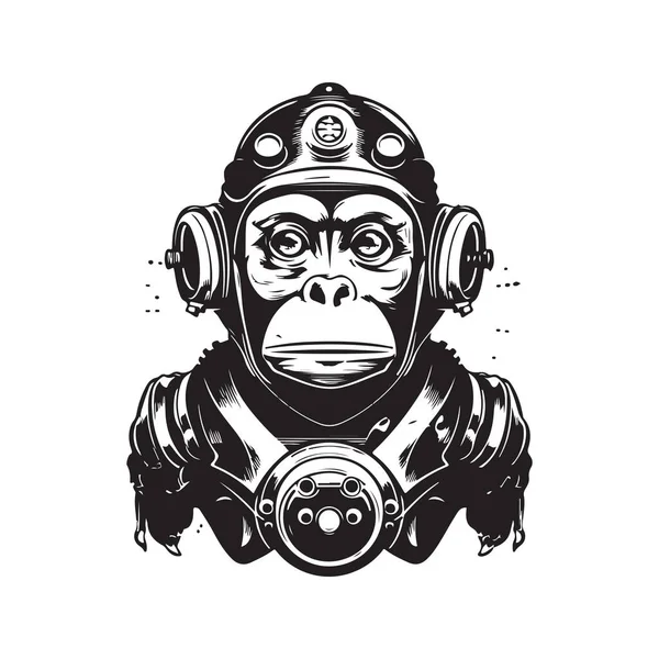 Affe Roboter Vintage Logo Konzept Schwarz Weiß Farbe Handgezeichnete Illustration — Stockvektor