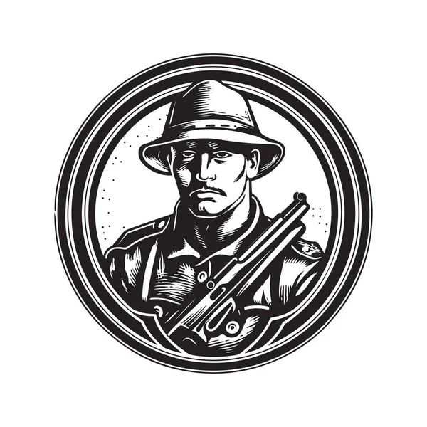 Soldat Concept Logo Vintage Noir Blanc Illustration Dessinée Main — Image vectorielle