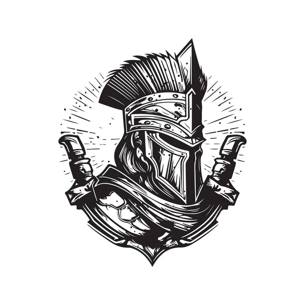 盔甲战士 老式标志概念黑白色彩 手绘图解 — 图库矢量图片