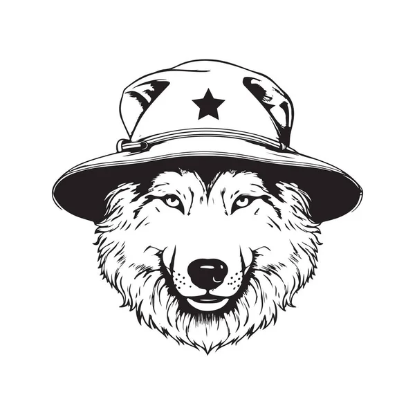 Wolf Mit Eimer Hut Vintage Logo Konzept Schwarz Weiß Handgezeichnete — Stockvektor