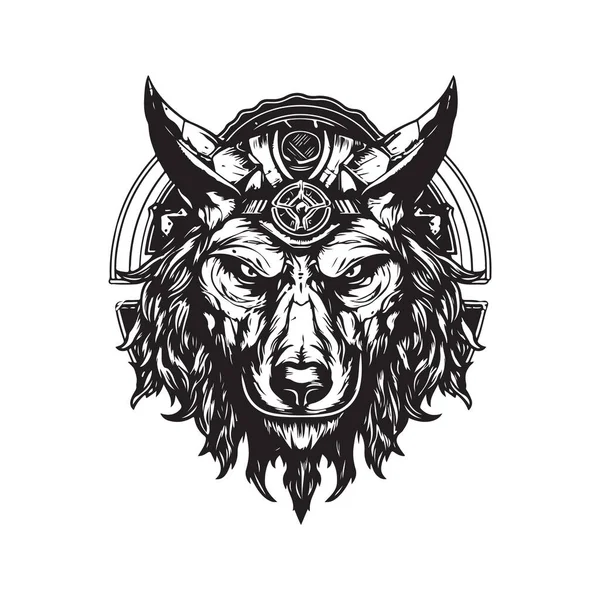 stock vector wolf wearing viking helmet, vintage logo concept black and white color, hand drawn illustration