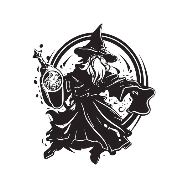 Боєць Чаклун Вінтажний Логотип Концепції Чорно Білого Кольору Намальована Рука — стоковий вектор