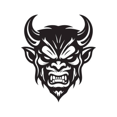 Kızgın şeytan, klasik logo çizgisi sanat konsepti siyah beyaz renk, el çizimi illüstrasyon