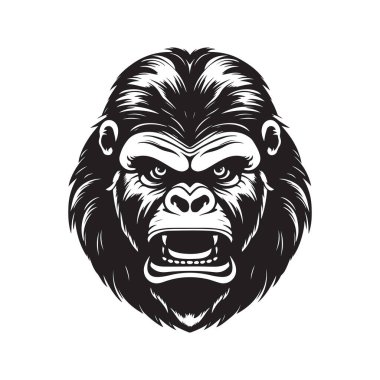 Kızgın goril, klasik logo çizgisi sanat konsepti siyah beyaz renk, el çizimi illüstrasyon