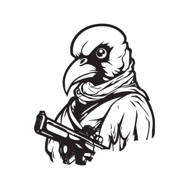 Kuş nişancısı, klasik logo çizgisi sanat konsepti siyah-beyaz renk, el çizimi illüstrasyon