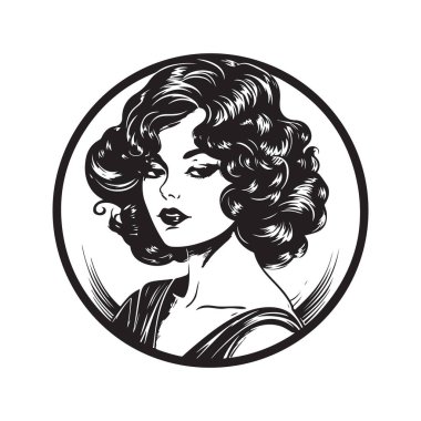 Güzel fantezi kadın, klasik logo çizgisi sanat konsepti siyah-beyaz renk, el çizimi illüstrasyon