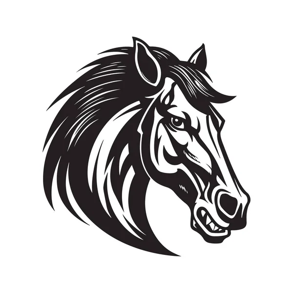 愤怒的小马 老式标志线条艺术概念黑白色彩 手绘插图 — 图库矢量图片