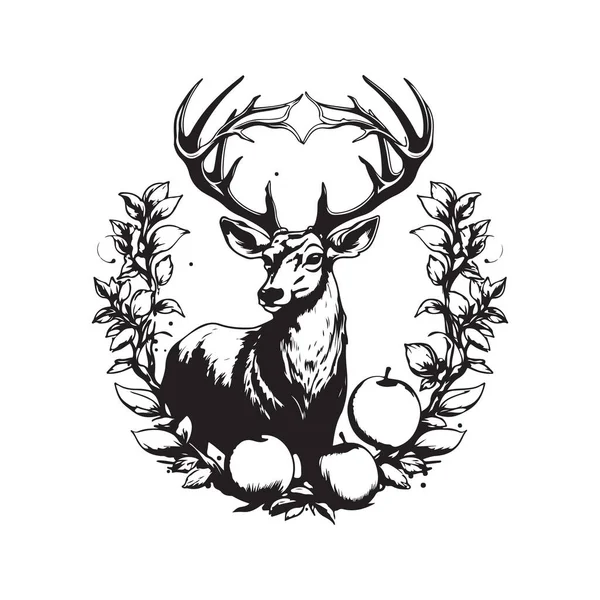 鹿とアップル ヴィンテージロゴラインアートのコンセプト黒と白 手描きイラスト — ストックベクタ
