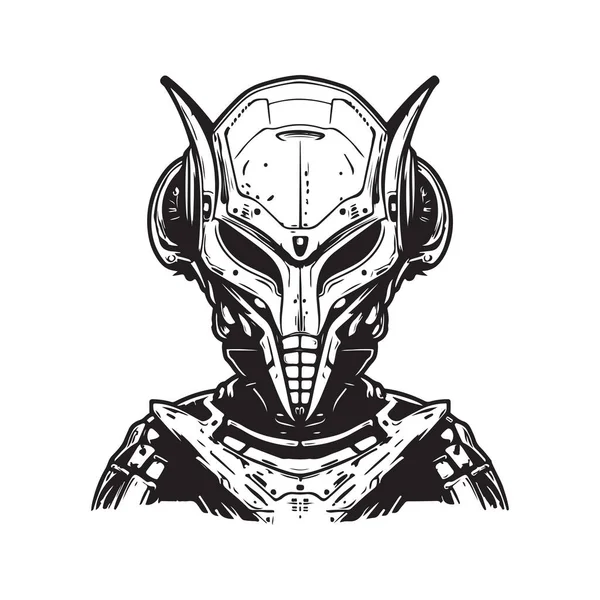 Schlacht Außerirdischer Kybernetischer Vintage Logo Line Art Concept Schwarz Weiß — Stockvektor