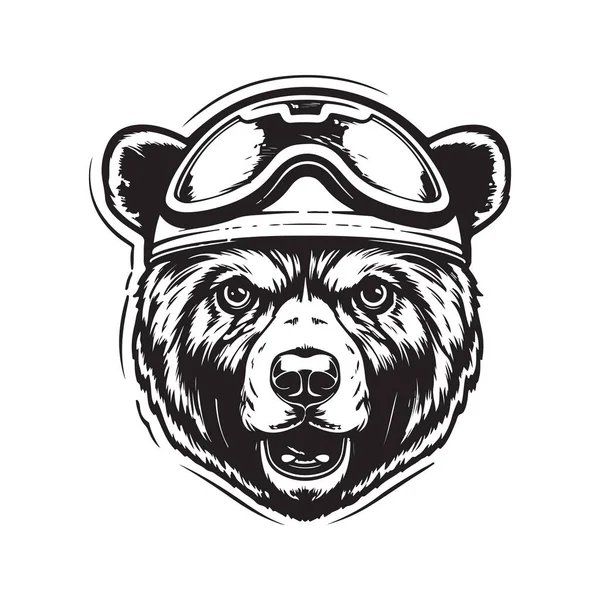Urso Usando Capacete Motocicleta Conceito Arte Linha Logotipo Vintage Cor — Vetor de Stock