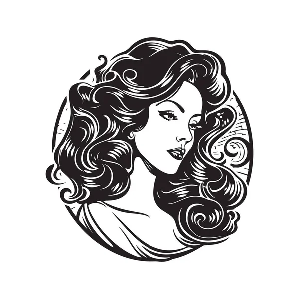 美しいファンタジー女性ヴィンテージロゴラインアートコンセプト黒と白 手描きイラスト — ストックベクタ