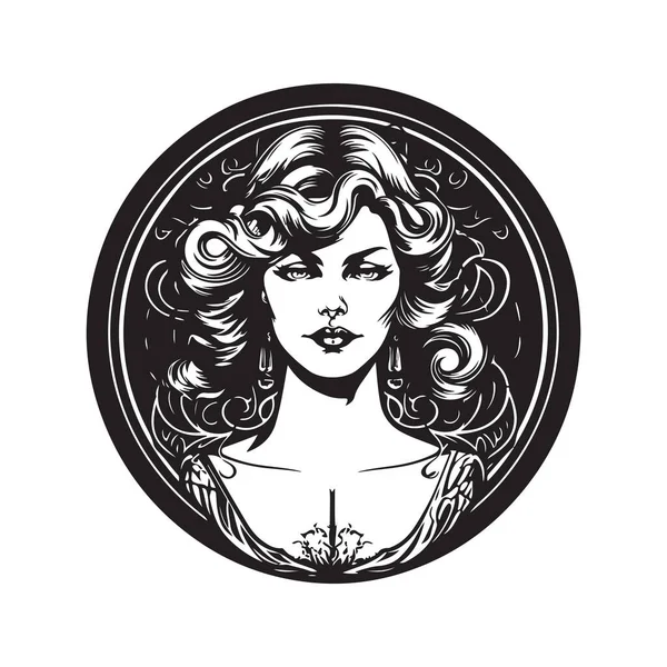 美丽的幻想女人 老式标志线条艺术概念黑白色彩 手绘插图 — 图库矢量图片