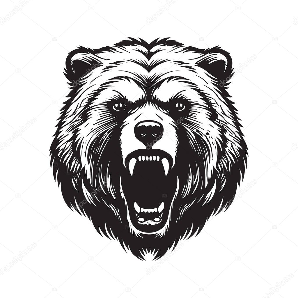Angry grizzly bear, vintage logo line art concept black and white color, hand drawn illustration