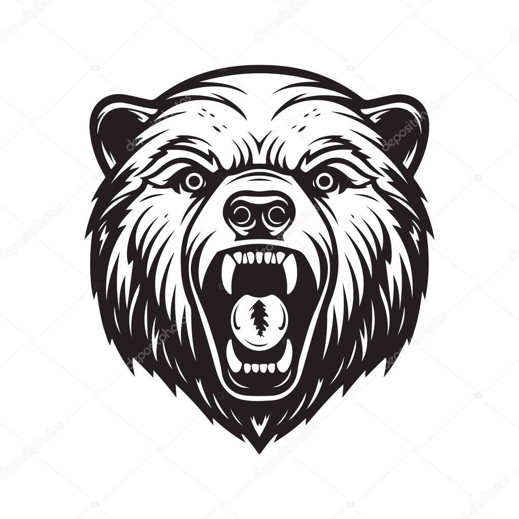 Angry grizzly bear, vintage logo line art concept black and white color, hand drawn illustration