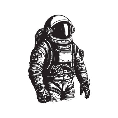 Astronot, klasik logo çizgisi sanat konsepti siyah beyaz, el çizimi illüstrasyon