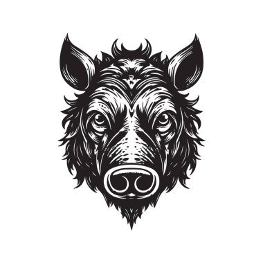 Yaban domuzu kafası, klasik logo çizgisi sanat konsepti siyah-beyaz renk, el yapımı illüstrasyon