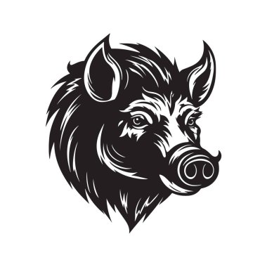 Yaban domuzu maskotu, klasik logo çizgisi sanat konsepti siyah-beyaz renk, el yapımı illüstrasyon