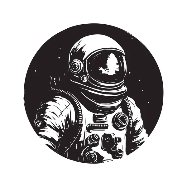 Astronauta Vintage Logo Linii Koncepcji Sztuki Czarno Biały Kolor Ręcznie — Wektor stockowy