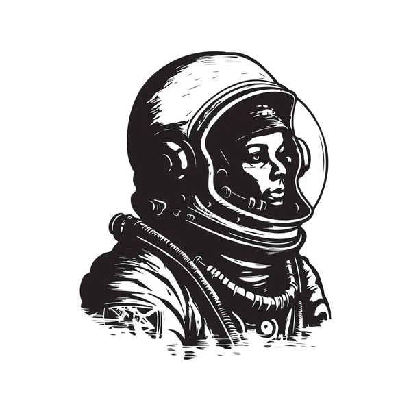 宇宙飛行士ヴィンテージロゴラインアートコンセプト黒と白手描きイラスト — ストックベクタ