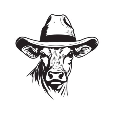 Zebu şapka takıyor, klasik logo çizgisi sanat konsepti siyah beyaz, el çizimi illüstrasyon