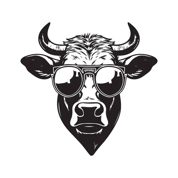 Zebu Wearing Sunglasses Vintage Logo Line Art Concept Black White — Stock Vector