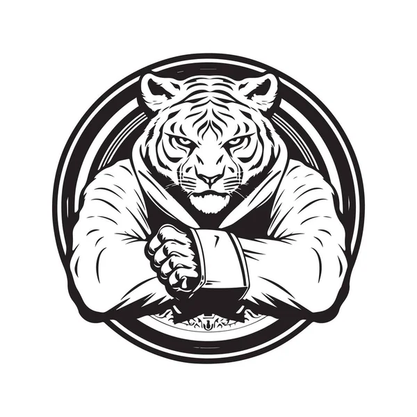 Тигр Истребитель Винтажный Логотип Линии Художественной Концепции Черно Белый Цвет — стоковый вектор