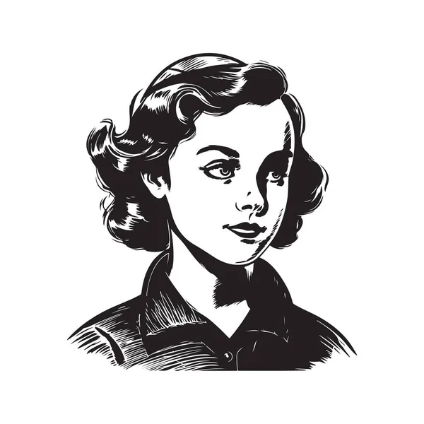 Jeune Fille Vintage Logo Ligne Art Concept Noir Blanc Couleur — Image vectorielle