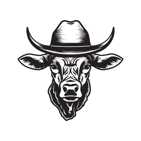 Zebu Usando Chapéu Logotipo Vintage Linha Arte Conceito Preto Branco — Vetor de Stock