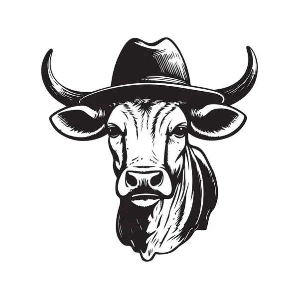 Zebu Trägt Hut Vintage Logo Linie Kunstkonzept Schwarz Weiße Farbe — Stockvektor
