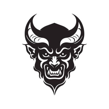 Şeytan maskotu, klasik logo çizgisi sanat konsepti siyah beyaz renk, el çizimi illüstrasyon