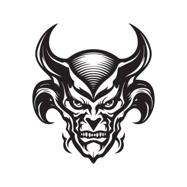 Şeytan bilim kurgu, klasik logo çizgisi sanat konsepti siyah beyaz renk, el çizimi illüstrasyon