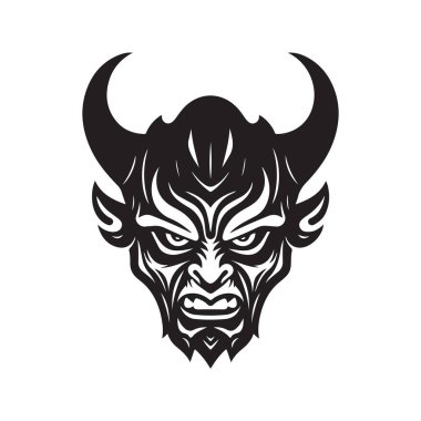 Şeytan bilim kurgu, klasik logo çizgisi sanat konsepti siyah beyaz renk, el çizimi illüstrasyon