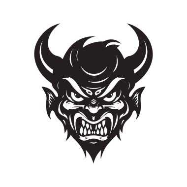Şeytan maskotu, klasik logo çizgisi sanat konsepti siyah beyaz renk, el çizimi illüstrasyon