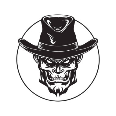 Şeytan şapkası takıyor, klasik logo çizgisi sanat konsepti siyah beyaz, el çizimi illüstrasyon