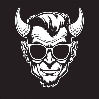 Güneş gözlüğü takan şeytan, klasik logo çizgisi sanat konsepti siyah-beyaz renk, el çizimi illüstrasyon