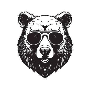 Güneş gözlüğü takan boz ayı, klasik logo çizgisi sanat konsepti siyah beyaz, el çizimi illüstrasyon