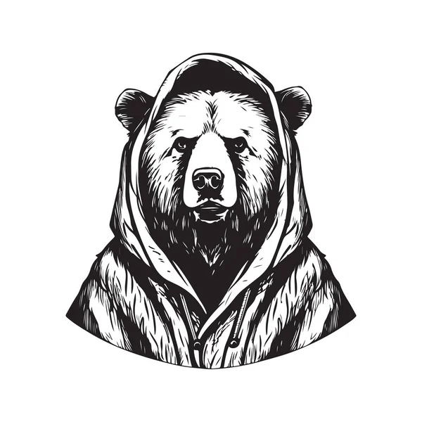 Grizzlybär Mit Kapuze Vintage Logo Linie Kunstkonzept Schwarz Weiße Farbe — Stockvektor