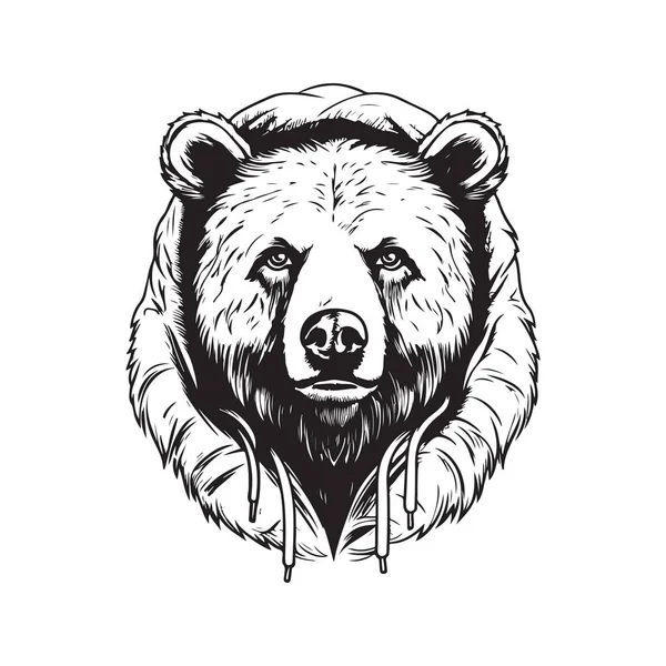 Grizzly Medvěd Kapuce Vintage Logo Linie Umění Koncept Černá Bílá — Stockový vektor