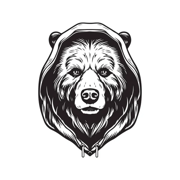 Niedźwiedź Grizzly Zakapturzony Vintage Logo Linii Sztuki Koncepcja Czarno Biały — Wektor stockowy
